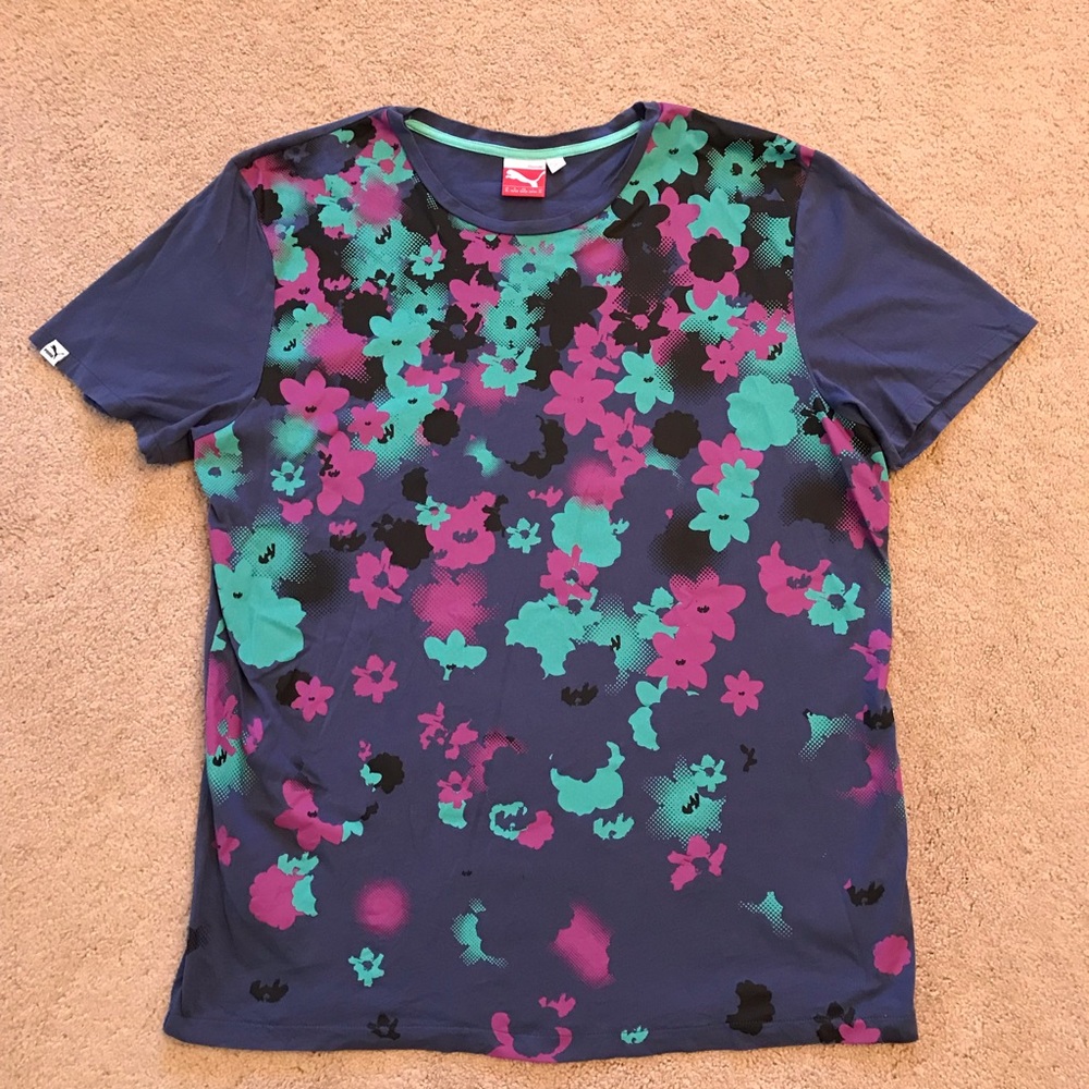 Puma Womens Short Sleeve Tee Size XL Floral Print Cotton Blue Pink Athletic